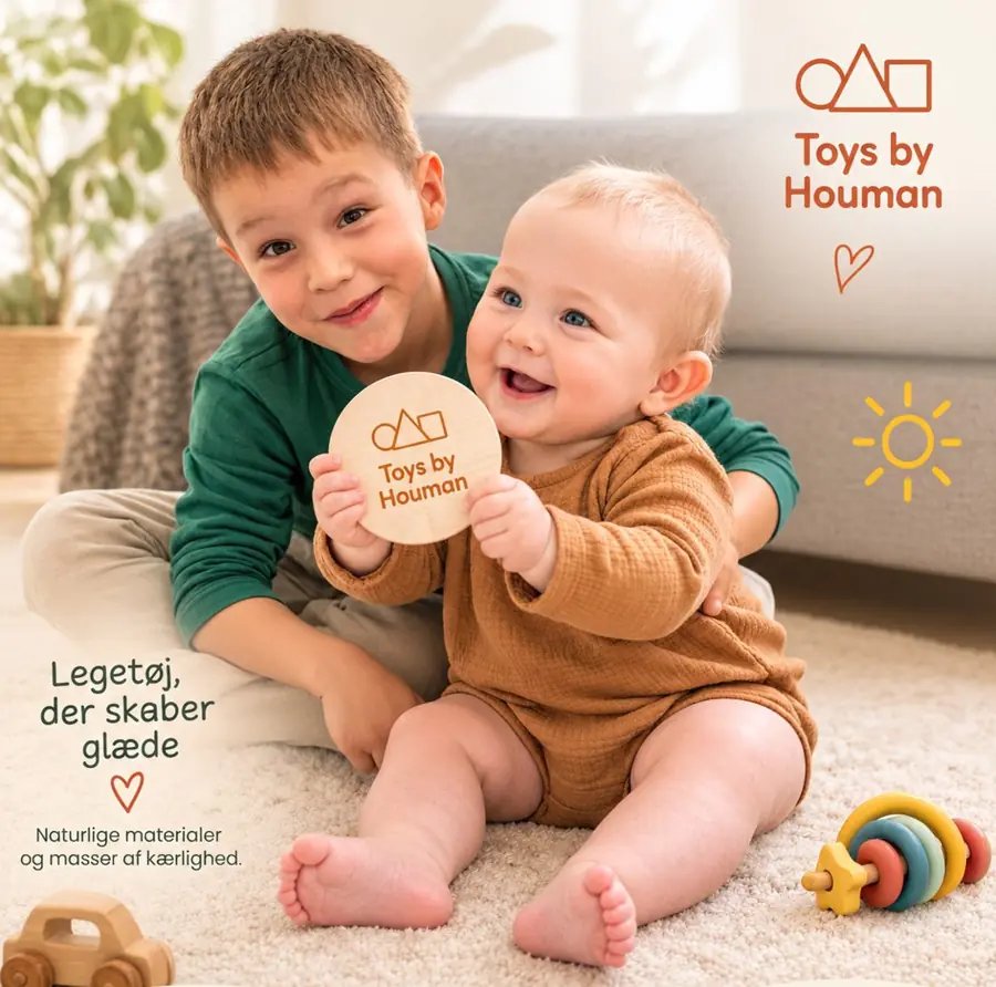 To brødre på tæppet med en træskive med Toys by Houman-logoet